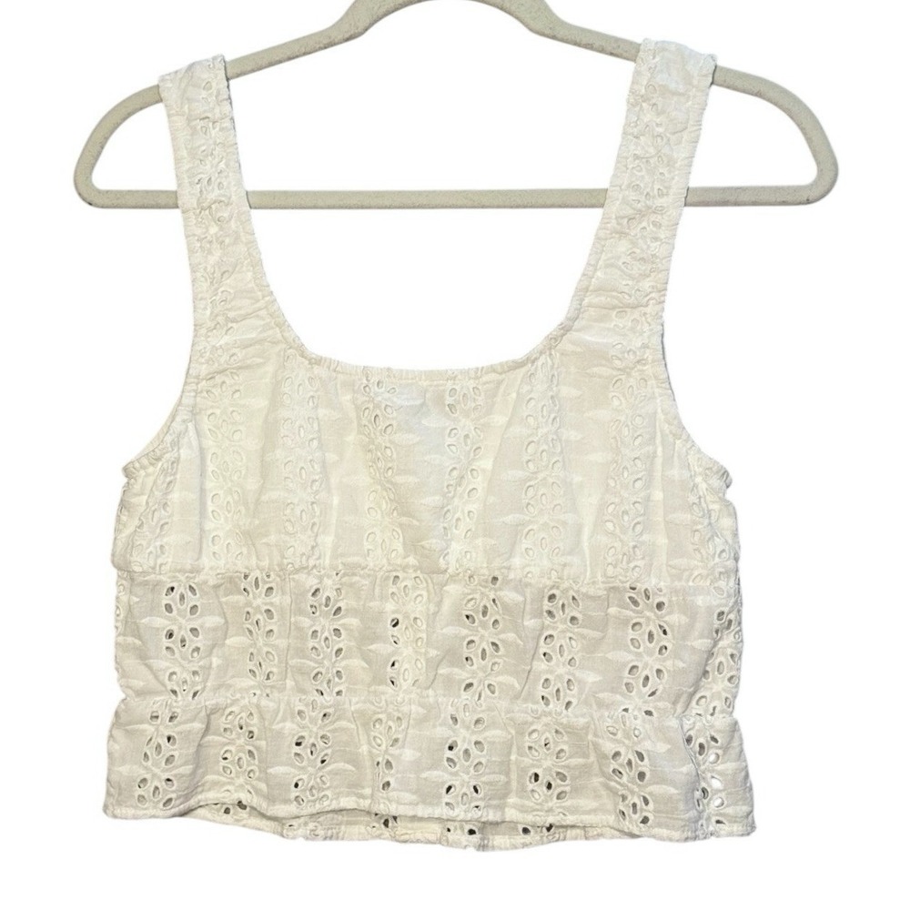 Lulus Milkmaid Eyelet Crop Top M White Sleeveless Ruffle Cottagecore Coquette - Picture 5 of 8